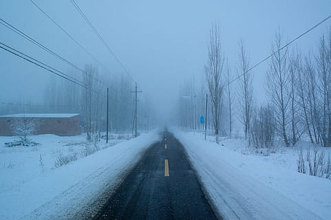 buit, carretera, durant el dia, naturalesa, a l'aire lliure, neu, hivern, temps, tempesta, vent de neu, gel, manera, boira, asfalt, paisatge, torre, fletxa, temperatura de fred, el camí a seguir, direcció, transport, arbre, cap gent, perspectiva decreixent, bellesa a la natura, cobertura, planta, cel, carrer, punt de fuga, dia, nevar, electricitat, clima extrem, 2K, CC0, domini públic, lliure de regalies