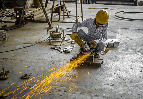 man, using, angle grinder, handrail, banister, work, industry, employee, building, factory, cut, spark, metal, forge, furniture, sidewalk, walkway, pavement, path, cutting and grinding, employees, occupation, working, real people, workshop, one person, men, work tool, day, machinery, high angle view, full length, holding, construction industry, protection, indoors, protective workwear, metal industry, 4K, CC0, public domain, royalty free