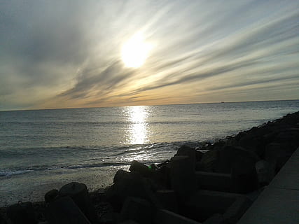 beach, sea, water, sky, horizon, horizon over water, beauty in nature, scenics - nature, sunset, land, tranquility, tranquil scene, cloud - sky, nature, sunlight, idyllic, no people, sun, reflection, outdoors, groyne, 2K, CC0, public domain, royalty free