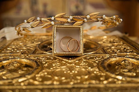 gold plated accessories, engagement, gold, gold rings, jewelry, necklace, precious, ring, symbol, treasure, wealth, wedding bands, wedding crowns, gold colored, luxury, wedding ring, box, metal, container, gift, indoors, close-up, event, bracelet, celebration, shiny, selective focus, no people, emotion, box - container, gold chain, personal accessory, 5K, CC0, public domain, royalty free
