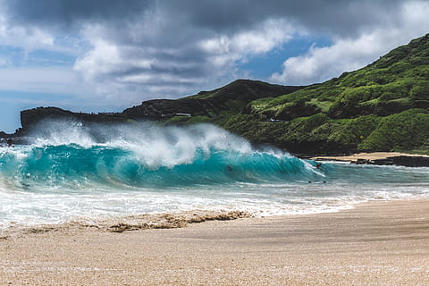 person surfing wave, ocean, vand, strand, kyst, hav, natur, udendørs, Honolulu, sandet strand, Forenede Stater, vandfald, flod, havbølger, Alperne, bjerg, landskabet, forbjerg, plante, regnskov, jord, skønhed i naturen, scenics - natur, bevægelse, himmel, sky - himmel, strøm, magt i naturen, sport, ingen mennesker, bølge, vandsport, rejsemål, dag, flydende vand, flyder, 8K, CC0, offentligt domæne, royaltyfrie