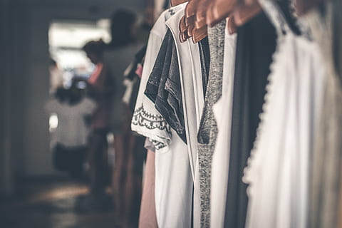 white, black, floral, cap-sleeved shirt, assorted, blurred background, boutique, close-up, closet, clothes, clothes hanger, collection, colors, cotton, dress, elegant, fashion, female, hanger, hanging, indoors, outfit, rack, retail, row, sell, stock, store, style, textile, wardrobe, wear, woman, clothing, choice, people, selective focus, focus on foreground, standing, adult, lifestyles, variation, day, men, women, shopping, casual clothing, consumerism, 5K, CC0, public domain, royalty free