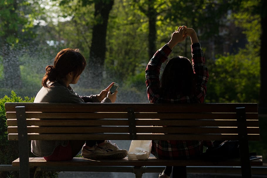 zwei, Frau, Sitzung, braun, hölzern, Parkbank, Bank, Plaudern, chatten, chillen, Kommunikation, Kontakt, freunde, Freundschaft, Freizeit, Kamerad, Vernetzung, Park, Menschen, Erholung, entspannend, Smartphone, Sozial, sprechen, Sonne, SMS, Erwachsene, zwei Menschen, Sitz, Rückansicht, Zusammengehörigkeit, Natur, Baum, Frauen, Freizeitbeschäftigung, draußen, Tag, Emotion, Lebensstile, echte Menschen, Fokus auf den Vordergrund, Verbindung, menschlicher Arm, Arme erhoben, 4K