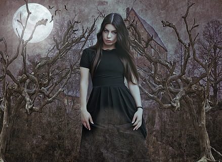 upír, vamp, gotický, goth, temný, fantazie, portrét, fantasy portrét, žena, dívka, ženský, mladý, krása, Modelka, měsíc, mrtvé stromy, panské sídlo, tajemství, tajemný, obal knihy, photoshop, mladého dospělého, Mladá žena, jedna osoba, čelní pohled, skutečných lidí, strom, krásná žena, životního stylu, volnočasové aktivity, móda, neformální oblečení, stojící, šaty, ženy, dlouhé vlasy, rostlina, účes, vlasy, rozjímání, venku, 2K, CC0, veřejná doména, bez autorských práv