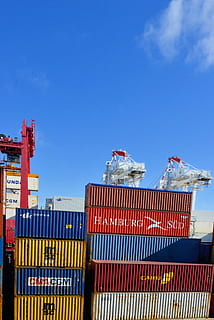 pila, intermodal, contenedores, envase, grua, exportar, pesado, importar, industria, muelle, almacenamiento, cielo, Transporte de carga, azul, Envío, contenedor de carga, arquitectura, negocio, naturaleza, nadie, transporte, al aire libre, día, vista de ángulo bajo, apilar, estructura construida, cielo limpio, caja, 5K, CC0, dominio público, libre de derechos