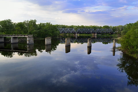 afspejling, bro, vand, flod, landskab, sø, tusmørke, ukraine, broer, Foto, sommer, om aftenen, himmel, træ, sky - himmel, bygget struktur, arkitektur, havnefronten, plante, natur, forbindelse, ingen mennesker, dag, bro - menneskeskabt struktur, symmetri, stående vand, udendørs, 4K, CC0, offentligt domæne, royaltyfrie