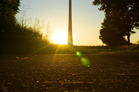 tramonto, retroilluminazione, umore, crepuscolo, riflessione, strada, asfalto, catrame, pista ciclabile, paesaggio, natura, sole, cielo, abendstimmung, illuminazione, silhouette, luce, atmosfera, cielo serale, albero, pianta, luce del sole, riflesso lente, messa a fuoco selettiva, nessuno, all'aperto, raggio di sole, sport, erba, bellezza nella natura, livello di superficie, crescita, colore verde, campo, parco, 5K, CC0, dominio pubblico, privo di copyright