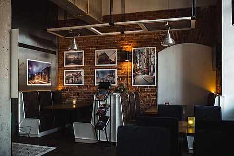 modern, cafe, cozy, interior, loft, restaurant, bar, cosy, indoors, illuminated, no people, fireplace, lighting equipment, domestic room, absence, table, fire, architecture, living room, fire - natural phenomenon, chair, wood - material, burning, home, home interior, nature, wall - building feature, seat, oven, luxury, 5K, CC0, public domain, royalty free