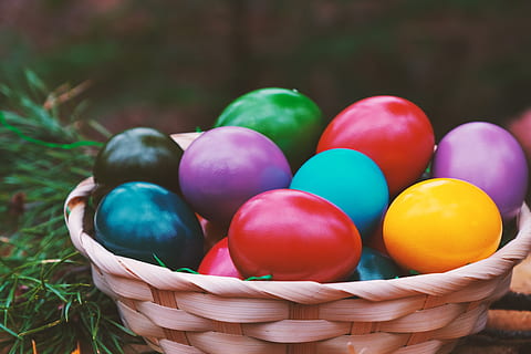 Paști, ou, oua de Paste, colorat, primăvară, culoare, mânca, alimente, oua de pui, osterkorb, multi colorate, ou de Paște, coş, recipient, vacanţă, celebrare, mancare si bautura, zi, să se concentreze asupra primelor elemente, natură, nici o persoana, de răchită, Culoarea verde, prospeţime, variație, a închide, 5K, CC0, domeniu public, fără drepturi de autor
