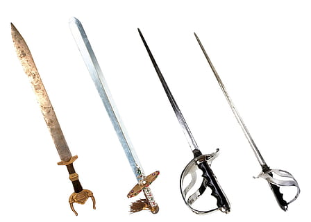 sword, four, object, sharp, metal, white background, studio shot, no people, cut out, variation, still life, indoors, choice, group of objects, weapon, order, side by side, work tool, three objects, equipment, close-up, tool, kitchen utensil, steel, 1080P, CC0, public domain, royalty free