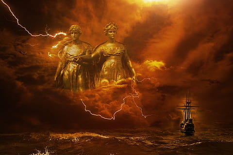 fantasi, mørk, storm, lyn, gudinder, stormens gudinder, statuer, skib, hav, mysterium, mystisk, atmosfære, komponere, bogomslag, arkitektur, menneskelig repræsentation, himmel, ingen mennesker, natur, Kunst og håndværk, statue, repræsentation, ødelæggelse, skulptur, røg - fysisk struktur, ild, mandlig lighed, flamme, vand, udendørs, kreativitet, sky - himmel, brænding, meddelelse, magt i naturen, digital komposit, 4K, CC0, offentligt domæne, royaltyfrie