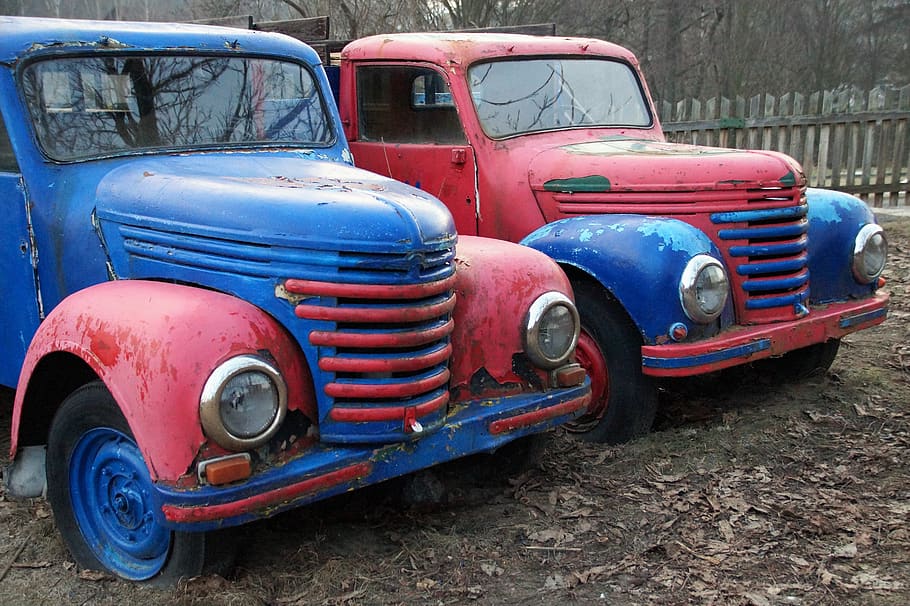 auto, vechi, Oldtimer, vehicul, nostalgie, istoricește, ruginit, încărcătură, camion, retro, invalid, epavă a, mijloc de transport, vehiculul terestru, transport, abandonat, vehicul cu motor, mașină, mașină de epocă, albastru, stil retro, zi, roșu, învechit, metal, nici o persoana, staționar, deteriorat, dărâma, deteriorare, 5K