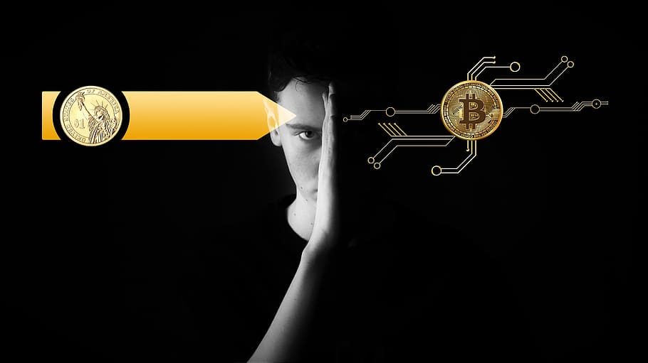 digitalització, moneda, bitcoin, dòlar, vell, nou, conflicte, por, ignorància, diners, criptomontera, digital, Efectiu i equivalents d'efectiu, cap, dividir, home, electrònica, Finances, tecnologia, una persona, fons negre, part del cos humà, a l'interior, adult, dones, tir de l'estudi, adult jove, celebració, tallar, dones joves, part del cos, metall, sol objecte, color daurat, femelles, còpia espai, primer pla, color plata, 5K