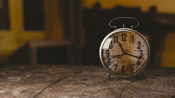 clock, alarm clock, watch, time, old, numbers, hours, indoors, no people, wood - material, table, close-up, focus on foreground, copy space, number, clock face, still life, antique, clock hand, selective focus, minute hand, dark, retro styled, 4K