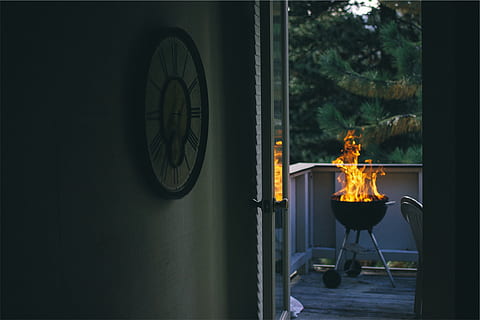 barbecue, bbq, grill, fire, flame, deck, cookout, fire - natural phenomenon, burning, window, nature, heat - temperature, indoors, food and drink, glass - material, no people, transparent, day, preparation, food, built structure, 1080P, CC0, public domain, royalty free