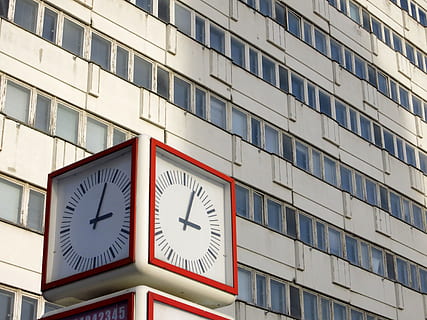germany, berlin, architecture, built structure, building exterior, time, clock, building, city, office building exterior, window, low angle view, no people, modern, day, office, glass - material, geometric shape, pattern, shape, residential district, outdoors, clock face, skyscraper, wall clock, minute hand, 4K, CC0, public domain, royalty free