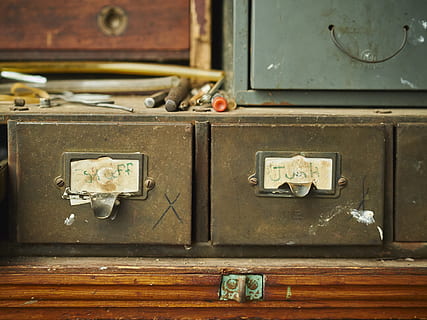work, cabinet, junk, stuff, shop, file cabinet, old, metal, no people, retro styled, technology, close-up, electricity, indoors, obsolete, connection, wood - material, control panel, machinery, day, switch, abandoned, electrical equipment, control, focus on foreground, power supply, antique, meter - instrument of measurement, 4K, CC0, public domain, royalty free