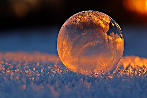 clear glass sphere, ball, blur, bubble, close-up, cold, evening, ze, frost, frozen, frozen bubble, ice, icy, landscape, light, soap bubble, sphere, winter, nature, no people, single object, plant, orange color, selective focus, environment, outdoors, sky, geometric shape, food, food and drink, macro, wellbeing, healthy eating, shape, 4K, CC0, public domain, royalty free