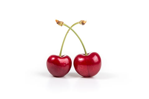 two, cherries, white, surface, food and drink, food, healthy eating, cut out, fruit, freshness, cherry, wellbeing, red, studio shot, plant stem, group of objects, white background, close-up, indoors, apple - fruit, plant, no people, healthy lifestyle, two objects, ripe, snack, 5K, CC0, public domain, royalty free