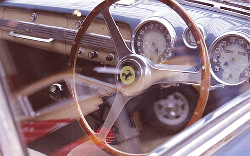 Old Timer, ferrari, auto, retro, automotive, klassiek, voertuig, wijnoogst, nostalgie, verkeer, luxe, oud, stijl, ouderwets, stuur, snelheidsmeter, wijze van transport, motorvoertuig, vervoer, landvoertuig, Controlepaneel, dashboard, vintage auto, detailopname, geen mensen, glas - materiaal, metaal, wiel, auto-interieur, retro gestileerd, dag, voertuig interieur, chroom, spaak, 5K, CC0, publiek domein, royaltyvrij