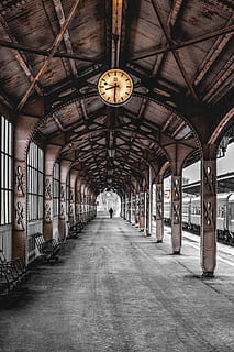 estació de tren, arquitectura, estructura construïda, sostre, rellotge, a l'interior, el camí a seguir, direcció, dia, edifici, temps, transport, equips d’il·luminació, cap gent, estació de ferrocarril, buit, perspectiva decreixent, penjant, columna arquitectònica, arc, rellotge de paret, biga del sostre, llum elèctrica, 4K, CC0, domini públic, lliure de regalies