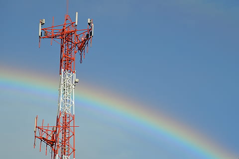 rainbow, rain, sky, time, tower, communications, clouds, atmosphere, cellular, wave, microwave, twilight, signal, metal, structure, iron, technology, communication, global communications, satellite, satellite dish, connection, broadcasting, wireless technology, no people, architecture, tall - high, industry, nature, built structure, outdoors, day, blue, radio wave, station, electrical equipment, 5K, CC0, public domain, royalty free