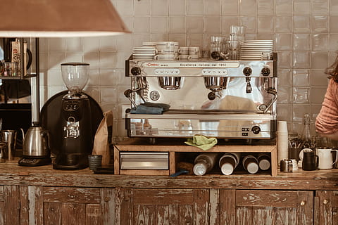 gray, coffee espresso machine, kitchen, domestic kitchen, home, indoors, domestic room, container, shelf, household equipment, no people, wood - material, kitchen utensil, still life, food and drink, glass - material, kitchen counter, transparent, bottle, jar, coffee maker, counter, 5K, CC0, public domain, royalty free