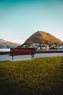 red, wooden, outdoor, bench, mountain, clouds, daylight, grass, landscape, mountains, nature, road, scenic, sky, beauty in nature, clear sky, water, land, scenics - nature, architecture, plant, tranquil scene, tranquility, built structure, no people, day, beach, building exterior, lake, outdoors, 5K, CC0, public domain, royalty free