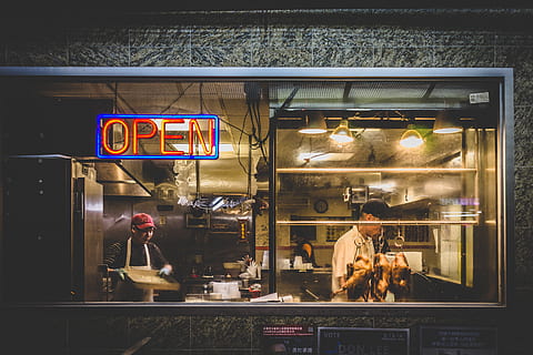 store, meat, shop, restaurant, people, men, chef, night, open, signage, illuminated, text, glass - material, transparent, communication, window, reflection, western script, sign, store window, human representation, city, architecture, retail, building exterior, lighting equipment, retail display, 5K, CC0, public domain, royalty free
