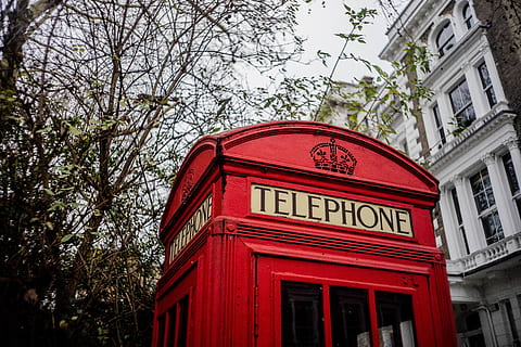 sarkana telefona kabīne, taksofons, lodziņā, britu, āra, tālruni, britu telefona kaste, telefona kaste, tālruņa kaste, sarkans, kiosks, stūrī, stikls, burka, vāze, augu, keramika, augs iestādīts podā, stādītājs, stereo, komunikāciju, koks, telefona būdiņa, ēkas ārpuse, uzbūvēta struktūra, arhitektūra, tekstu, rietumu skripts, dienā, zems leņķa skats, raksturs, nav cilvēku, pilsēta, ērtības, ārā, tehnoloģijas, savienojumu, 5K, CC0, publiskais domēns, bez atlīdzības