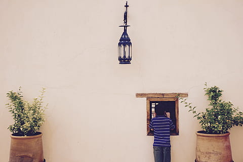 fes, morocco, simple, background, looking through, window, child, kid, built structure, architecture, plant, building exterior, building, real people, tree, potted plant, nature, day, lifestyles, wall - building feature, religion, outdoors, place of worship, belief, spirituality, men, one person, house, 5K, CC0, public domain, royalty free