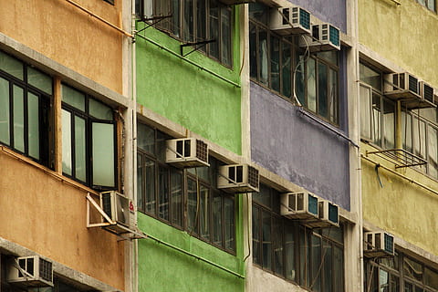 white, window-type ac unit, appliance, air conditioner, home decor, hong kong, window, curtain, window shade, shutter, corner, cooker, iron, clothes iron, slope, toaster, drain, concrete, ceiling fan, hearth, refrigerator, awning, built structure, architecture, building exterior, building, no people, residential district, low angle view, day, green color, outdoors, balcony, nature, glass - material, city, apartment, railing, full frame, house, old, 4K, CC0, public domain, royalty free