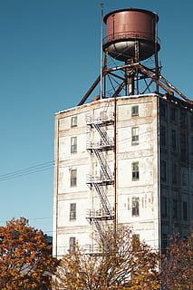 edificio de concreto gris, portland, Torre de agua, Estados Unidos, construcción, ciudad, edificio, andamio, lanzadora de agua, otoño, Oregón, pueblo, edificio de apartamentos, Alto, urbano, edificio de oficinas, grúa de construcción, alojamiento, condominio, prisión, vía muerta, estructura construida, arquitectura, cielo, torre de agua - tanque de almacenamiento, vista de ángulo bajo, naturaleza, árbol, exterior del edificio, planta, cielo limpio, día, nadie, tanque de almacenamiento, torre, azul, al aire libre, altura maxima, conservación del agua, luz del sol, 5K, CC0, dominio público, libre de derechos