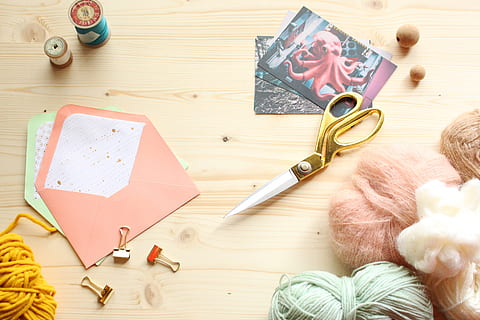 craft, wool, postcard, create, enveloppe, scissors, stationnery, thread, crafts, diy, table, high angle view, indoors, wood - material, still life, directly above, book, no people, publication, art and craft, creativity, representation, large group of objects, close-up, pen, heart shape, 5K, CC0, public domain, royalty free