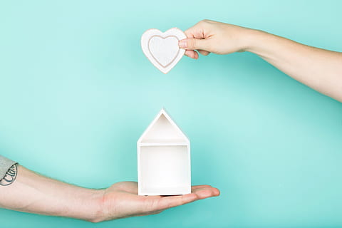 hands heart house photo, Hands, Love, Craft/DIY, Home, House, Valentines Day, Heart, colored background, human hand, studio shot, hand, human body part, blue background, indoors, holding, blue, adult, close-up, women, single object, young adult, side view, human arm, human limb, 4K