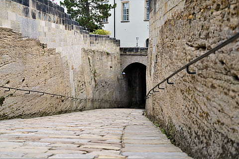 empty, narrow, pathway, daytime, walkway, path, flagstone, sidewalk, pavement, cobblestone, wall, architecture, castle, building, bunker, slate, dungeon, fort, archaeology, crypt, railing, flower, geranium, blossom, built structure, building exterior, wall - building feature, direction, the way forward, day, no people, arch, stone wall, old, outdoors, nature, history, footpath, the past, security, plant, alley, 8K, CC0, public domain, royalty free