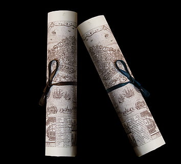 certificate, contract, document, proof, parchment, document role, notarize, rolled, declaration, old, recognition, scroll, studio shot, indoors, black background, still life, close-up, no people, metal, text, number, script, wood - material, high angle view, two objects, communication, wealth, art and craft, non-western script, rolled up, white color, 4K, CC0, public domain, royalty free