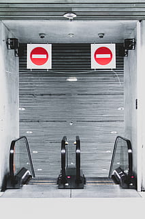 two black escalators, transportation, vehicle, electronics, segway, fitness, working out, sport, sports, exercise, scooter, paris, stop, street, architecture, urban, way, machine, wheel, furniture, screen, sign, communication, public transportation, mode of transportation, red, indoors, built structure, no people, subway station, subway, guidance, illuminated, city, day, technology, information, symbol, architectural column, station, 5K, CC0, public domain, royalty free