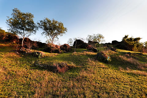 paysage, champ d'herbe, des nuages, lumière du jour, herbe, colline, la nature, roches, scénique, ciel, le coucher du soleil, des arbres, plante, arbre, tranquillité, scène tranquille, terre, beauté dans la nature, environnement, croissance, champ, paysages - nature, personne, scène non urbaine, journée, en plein air, couleur verte, idyllique, 5K, CC0, domaine public, libre de droits