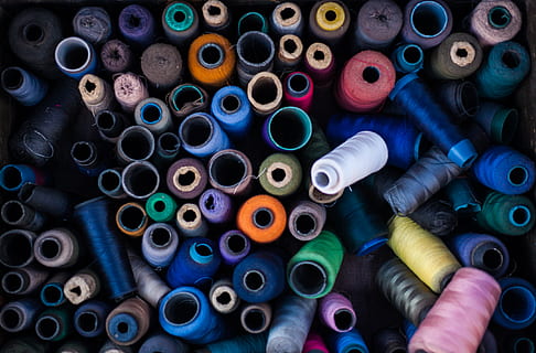 color, dots, multi colored, spool, thread, large group of objects, choice, textile, variation, sewing item, textile industry, sewing, abundance, indoors, art and craft, full frame, still life, industry, cotton, backgrounds, blue, 2K, CC0, public domain, royalty free