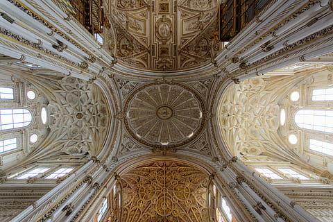 brown, ceiling, ornate, painting, arches, architecture, cathedral, church, craftsmanship, deccoration, inticate, built structure, low angle view, travel destinations, indoors, religion, place of worship, the past, no people, history, belief, spirituality, directly below, tourism, pattern, architectural feature, arch, architectural column, mural, fresco, architecture and art, luxury, 5K, CC0, public domain, royalty free