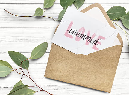 brauner Umschlag, Briefumschlag, Flatlay, Text, Kommunikation, westliche Schrift, Pflanzenteil, Blatt, Tabelle, Papier-, keine Leute, High Angle View, drinnen, Herzform, Pflanze, Botschaft, positive Emotionen, Liebe, Natur, Stillleben, Kreativität, Nahansicht, Holz - Material, Blätter, 4K, CC0, gemeinfrei, lizenzfrei