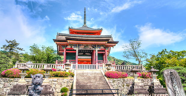 red, black, white, building structure, surrounded, trees, clouds, daytime, ancient, architecture, building, colorful, colourful, culture, famous, flowers, garden, historic, japan, Japanese, kyoto, landmark, landscape, marquee, park, religion, scene, scenery, scenic, sensō-ji, shrine, sightseeing, stairs, temple, tourism, traditional, zen, built structure, sky, plant, building exterior, cloud - sky, tree, nature, place of worship, belief, staircase, travel destinations, spirituality, travel, history, outdoors, no people, 5K, CC0, public domain, royalty free