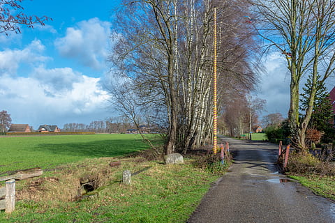 landschap, weg, grens, slagboom, platteland, wolken, boom, fabriek, hemel, wolk - lucht, natuur, de weg vooruit, richting, gras, dag, kale boom, land-, geen mensen, veld-, vervoer, kalmte, groene kleur, architectuur, ingebouwde structuur, buitenshuis, 4K, CC0, publiek domein, royaltyvrij