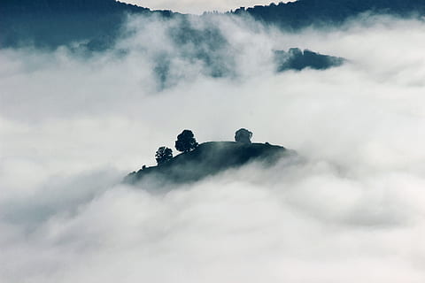 nature, landscape, mountains, summit, peaks, sky, horizon, clouds, fog, white, trees, cloud - sky, beauty in nature, no people, cloudscape, outdoors, scenics - nature, day, tranquility, tranquil scene, environment, idyllic, awe, majestic, low angle view, ethereal, mountain peak, 5K, CC0, public domain, royalty free