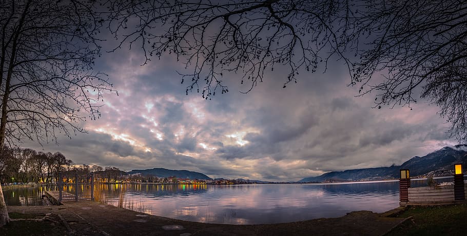 ioannina, llac, Grècia, núvols, illa, paisatge, tarda, cel, llums, aigua, posta de sol, nit, naturalesa, plàtans, vora del llac, núvol - cel, bellesa a la natura, arbre, escenics - natura, reflexió, tranquil·litat, planta, muntanya, escena tranquil·la, a l'aire lliure, cap gent, arquitectura, escena no urbana, 8K