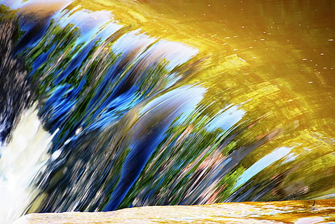 waterfalls, motion, blurred motion, no people, full frame, nature, close-up, day, backgrounds, green color, abstract, pattern, outdoors, sunlight, water, long exposure, multi colored, yellow, shiny, refraction, palm leaf, 4K, CC0, public domain, royalty free