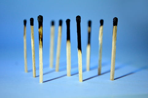 burnt out #2, business, concepts, creative, creativity, fire, ideas, no people, indoors, studio shot, close-up, match - lighting equipment, wood - material, blue, colored background, flame, matchstick, blue background, burnt, large group of objects, selective focus, still life, order, choice, arrangement, variation, white background, 2K, CC0, public domain, royalty free