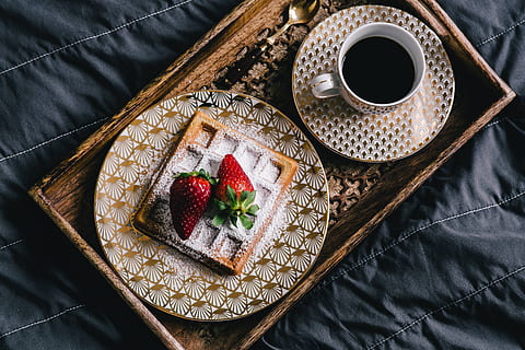 saffle, strawberries, cup, coffee, fruit, cafe, bed, sugar, tray, powder, strawberry, waffle, black coffee, wooden tray, golden plate, vola art of deco, vola, food and drink, food, berry fruit, healthy eating, freshness, sweet food, dessert, sweet, directly above, ready-to-eat, plate, drink, indoors, high angle view, baked, textile, indulgence, no people, meal, temptation, baked pastry item, breakfast, tart - dessert, crockery, 4K, CC0, public domain, royalty free
