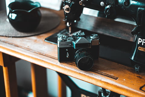 black, gray, slr camera, beside, sewing machine, camera, vase, table, lens, vintage, zenit, old, wood, bokeh, dark, wallpaper, texture, oldschool, 2018, camera - Photographic Equipment, old-fashioned, retro Styled, equipment, antique, lens - Optical Instrument, hobbies, photography Themes, obsolete, single Object, close-up, technology, backgrounds, classic, no People, black Color, modern, wood - Material, 5K, CC0, public domain, royalty free